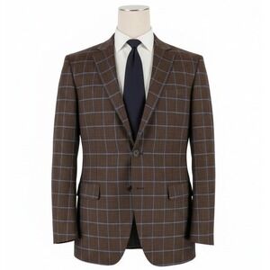 Valentino Sport Coat Size 44L Brown Blue Windowpane Checks Made in Italy Blazer
